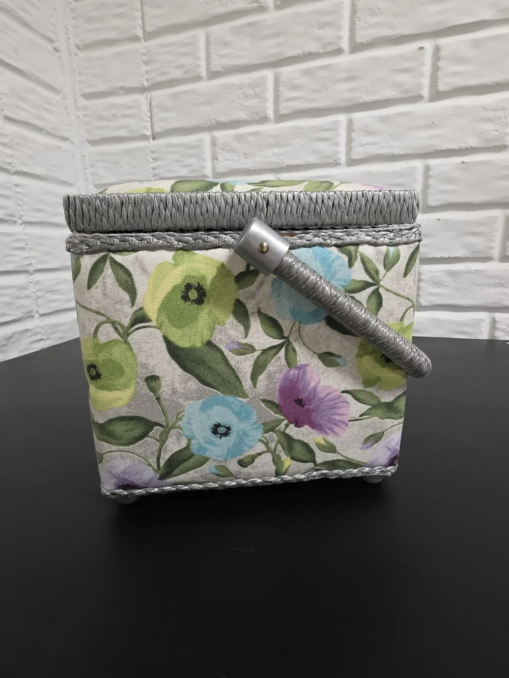 Floral Fabric Sewing Basket Rectangle Craft Organizer Box Gray Trim